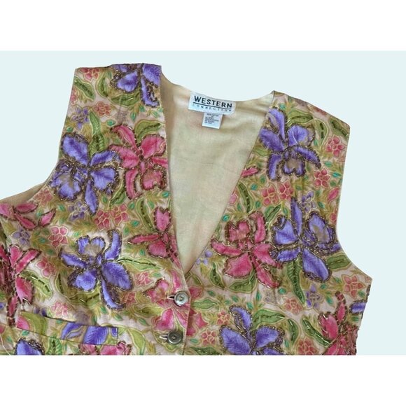Vintage WESTERN CONNECTION 90s 00s Floral Beaded Vest Top Shirt Sz S - Picture 3 of 8